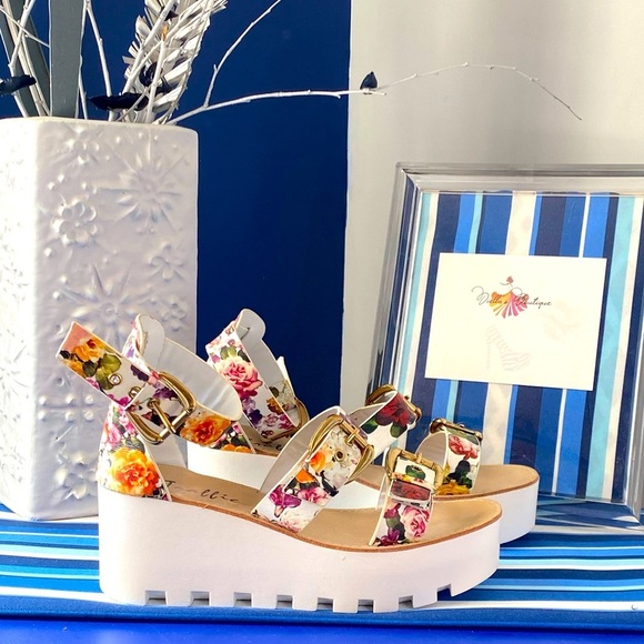 Floral strappy platform flatform buckled ankle strap summer sandals sz 10 - Picture 6 of 12